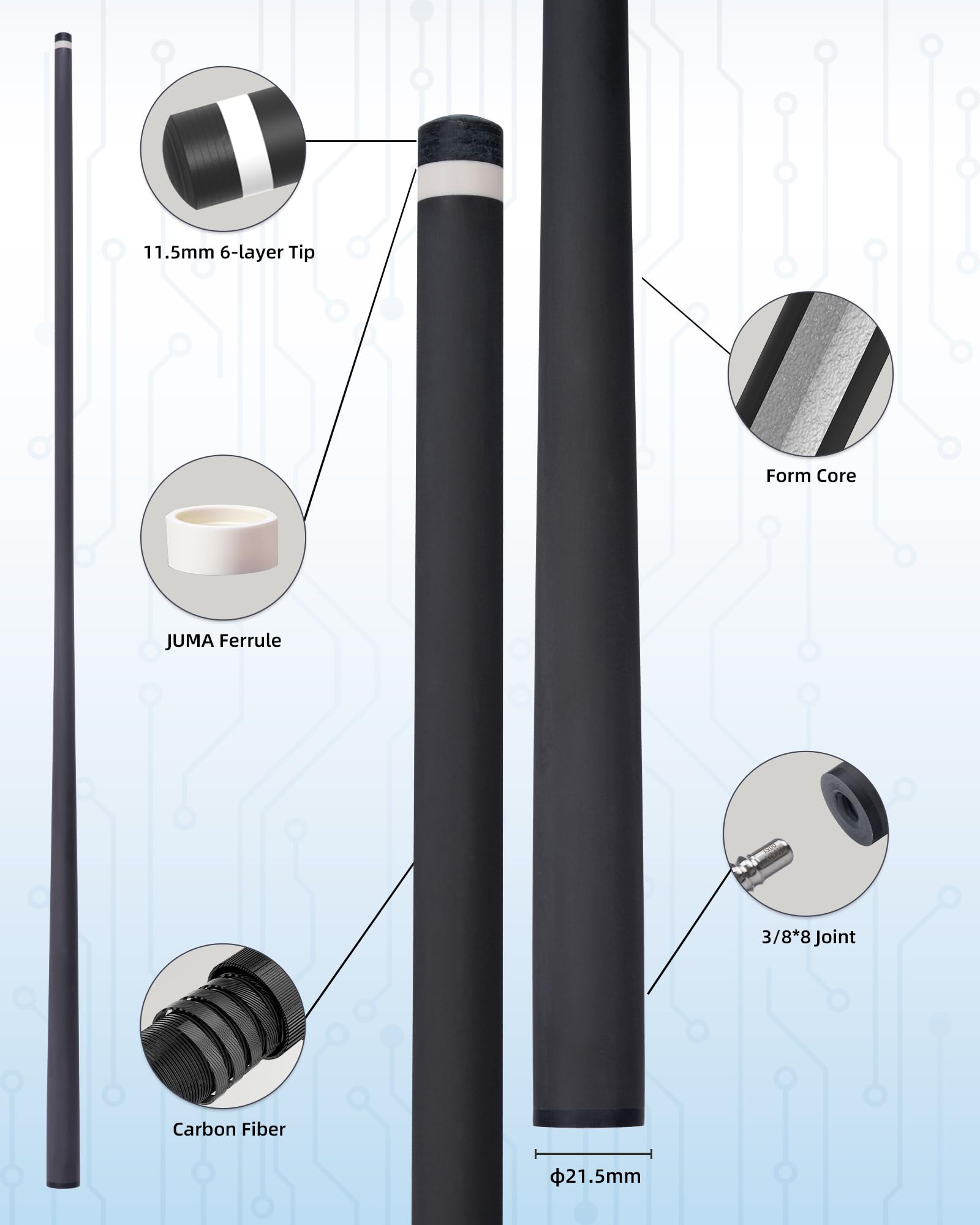 KONLLEN Carbon Fiber Pool Cue Shaft – Low Deflection Design with